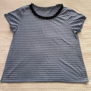 XL Talbots Blue and Black Striped Linen T-Shirt with Embellished Neckline